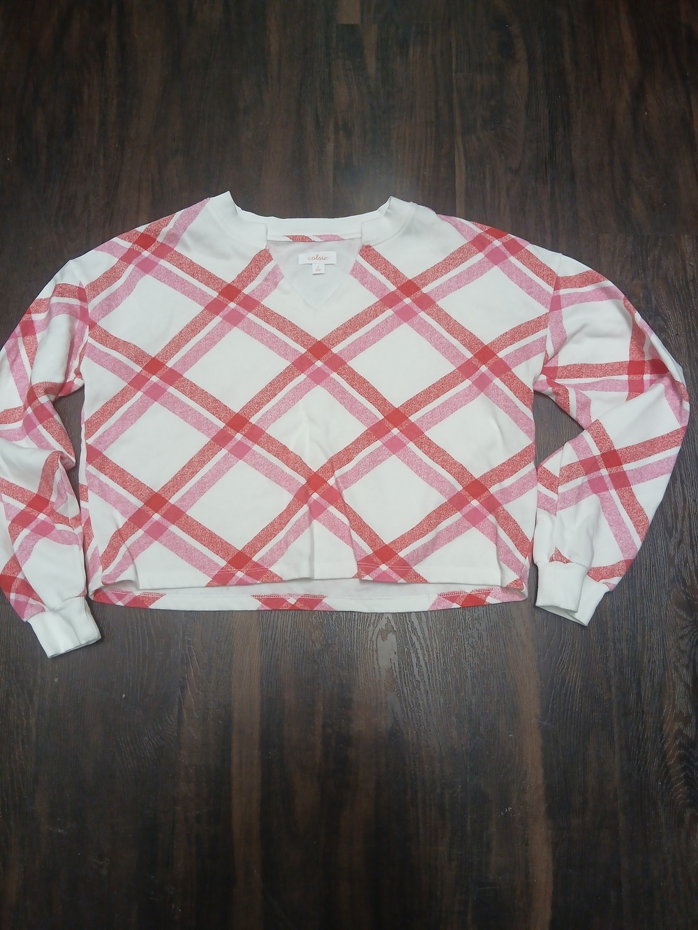 Colsie Cream Crewneck Sweater with Pink and Red Plaid